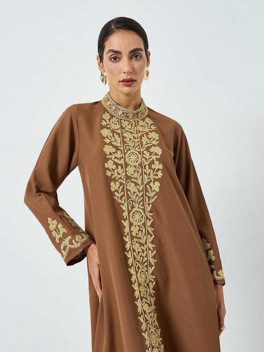 Women Brown Embroidered A-Line Jalabiya