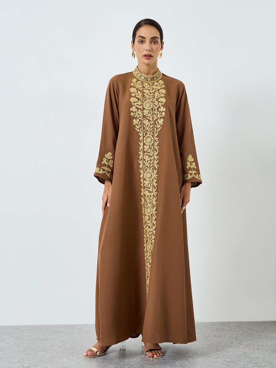 Women Brown Embroidered A-Line Jalabiya