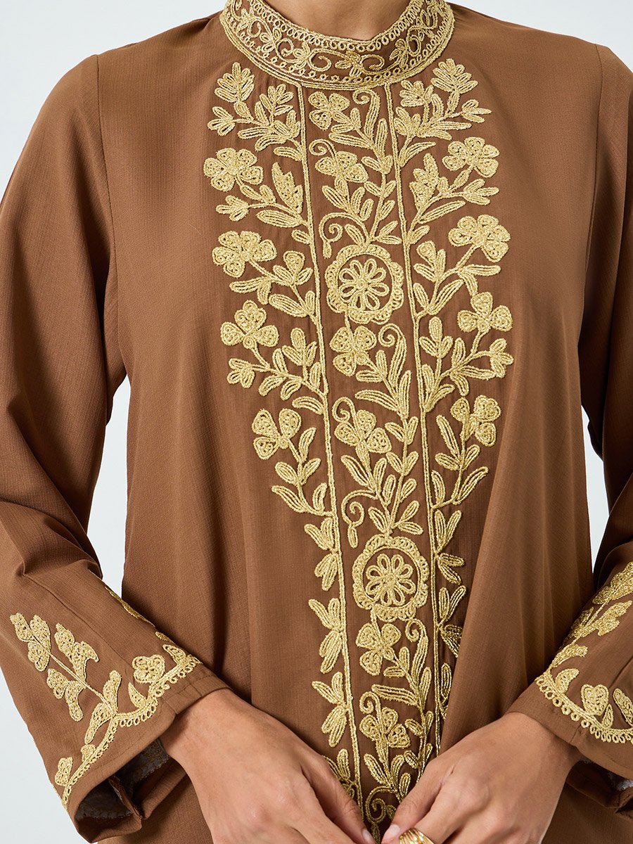 Women Brown Embroidered A-Line Jalabiya