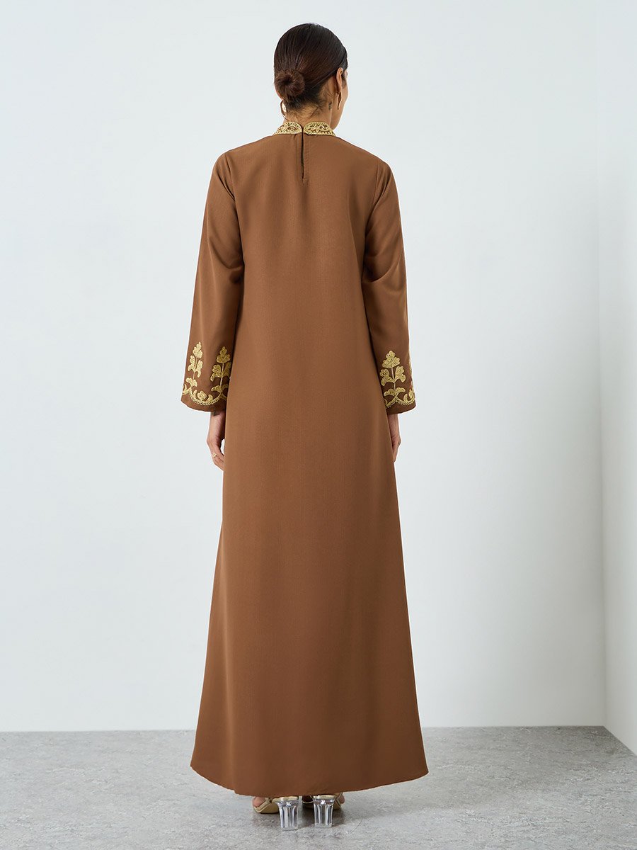 Women Brown Embroidered A-Line Jalabiya