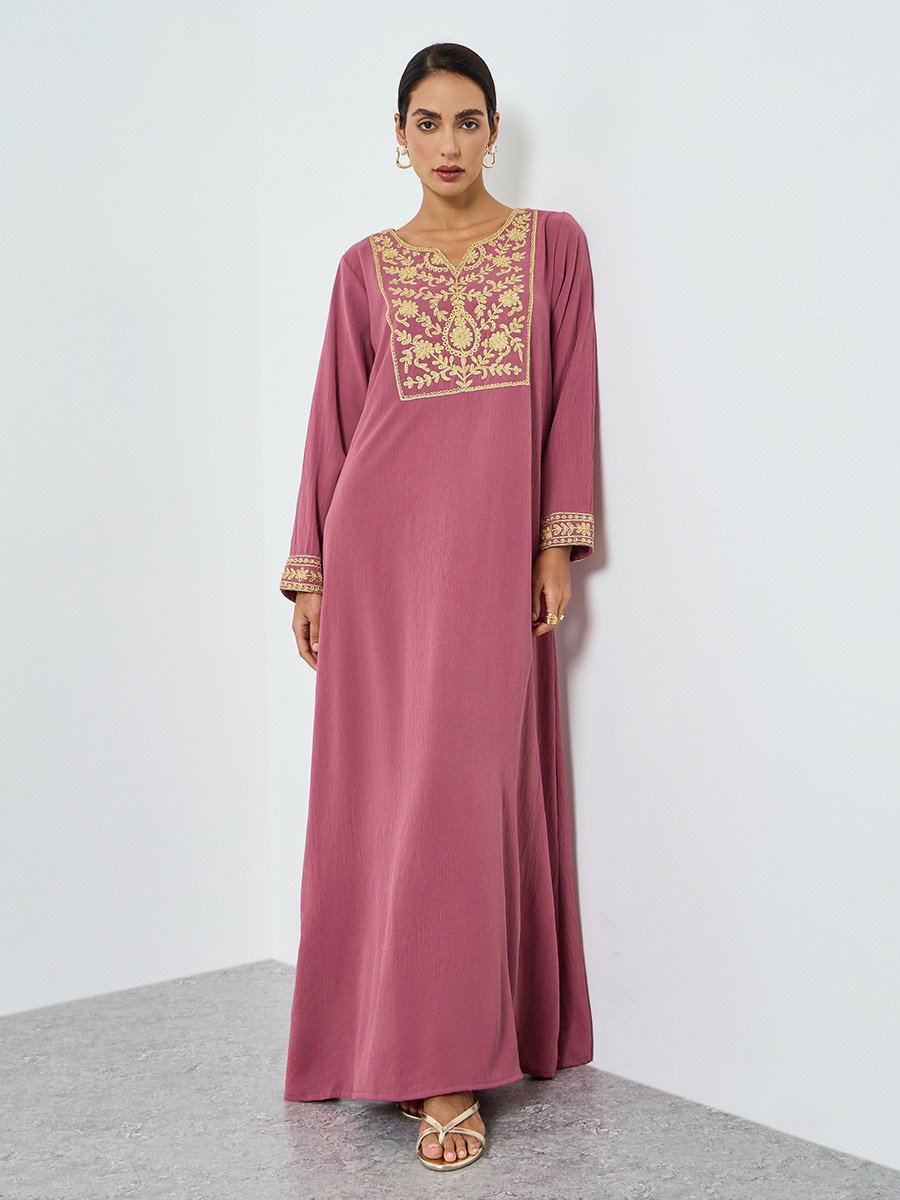 Women Pink Embroidered A-Line Jalabiya