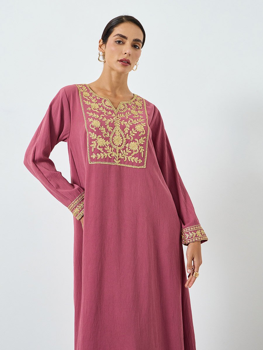 Women Pink Embroidered A-Line Jalabiya