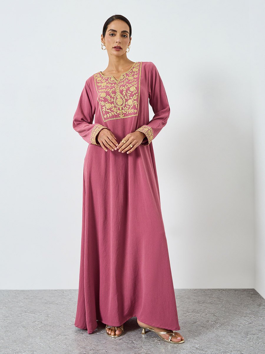 Women Pink Embroidered A-Line Jalabiya