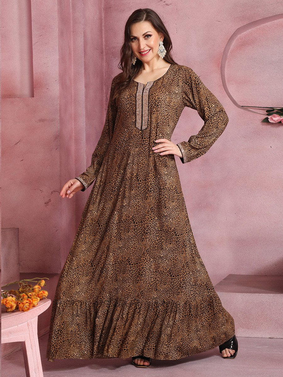 Women Leopard Print Thread Work Detail Jalabiya