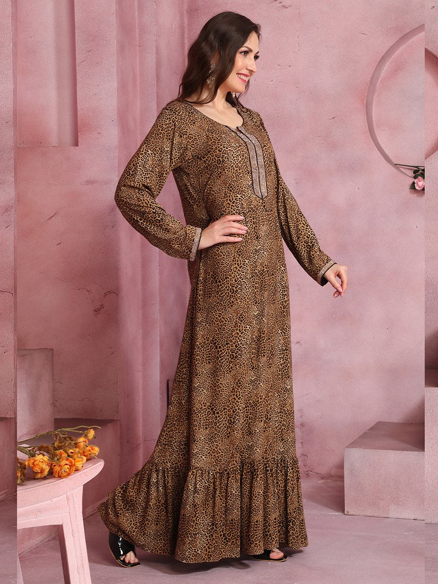 Women Leopard Print Thread Work Detail Jalabiya