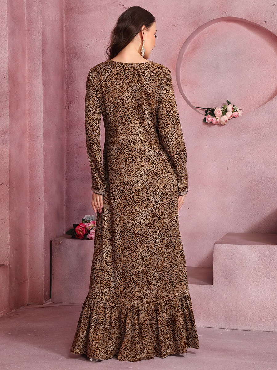 Women Leopard Print Thread Work Detail Jalabiya