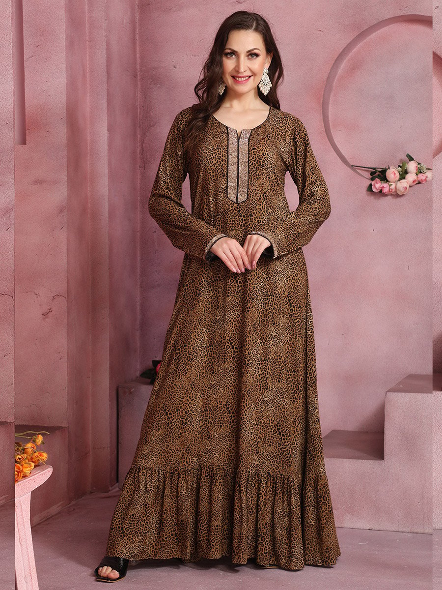 Women Leopard Print Thread Work Detail Jalabiya