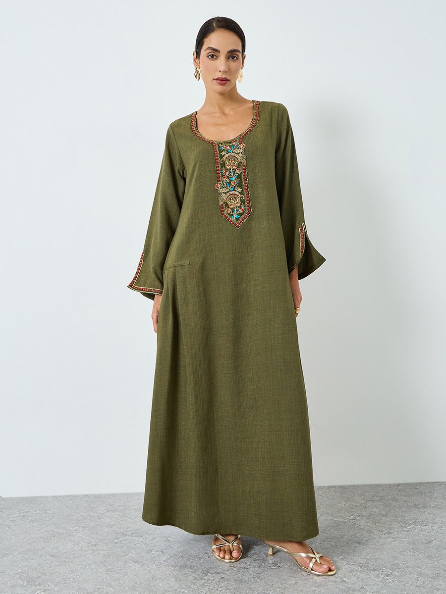 Green Embroidered A-Line Jalabiya
