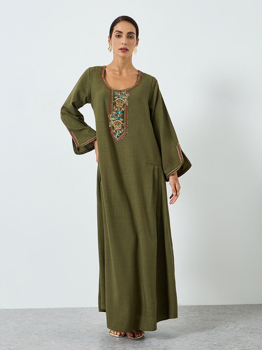 Green Embroidered A-Line Jalabiya