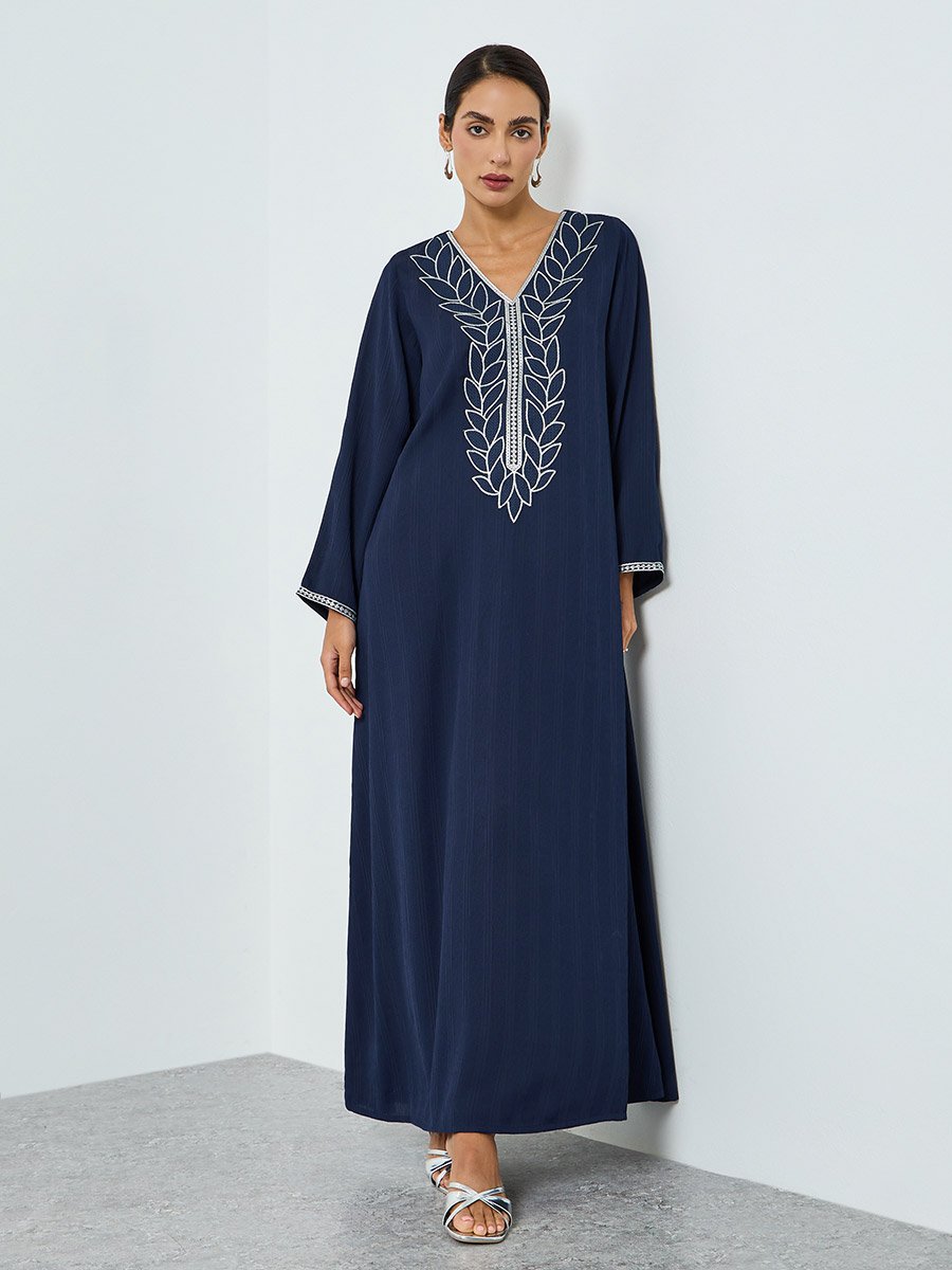 Women Navy Blue Embroidered A-line Jalabiya