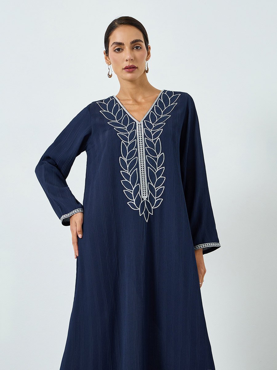 Women Navy Blue Embroidered A-line Jalabiya