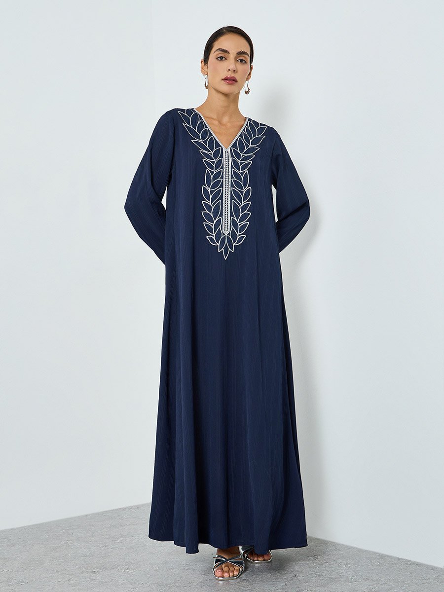 Women Navy Blue Embroidered A-line Jalabiya