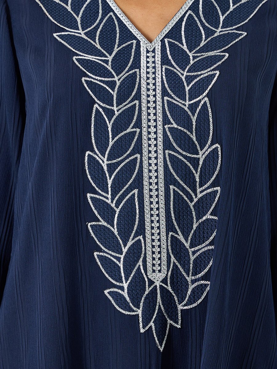 Women Navy Blue Embroidered A-line Jalabiya