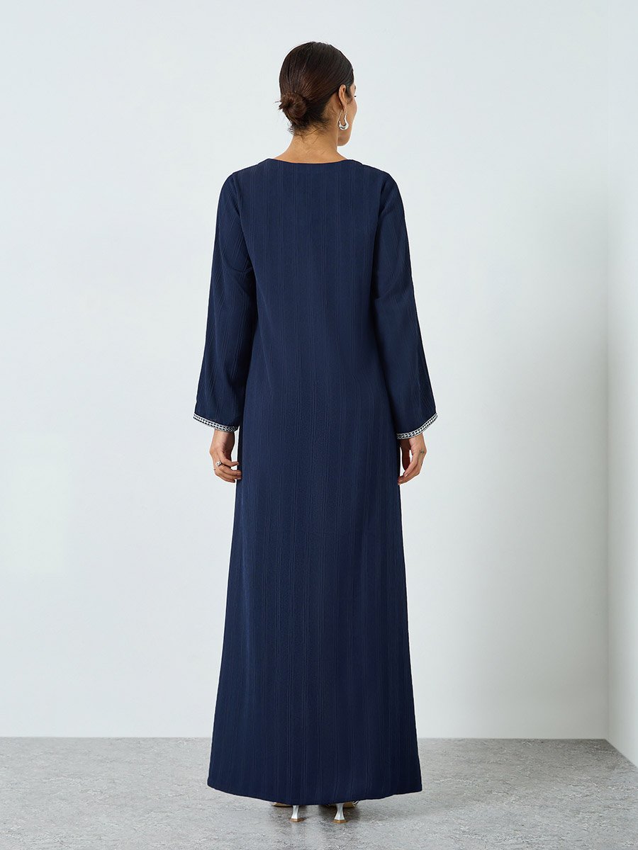 Women Navy Blue Embroidered A-line Jalabiya