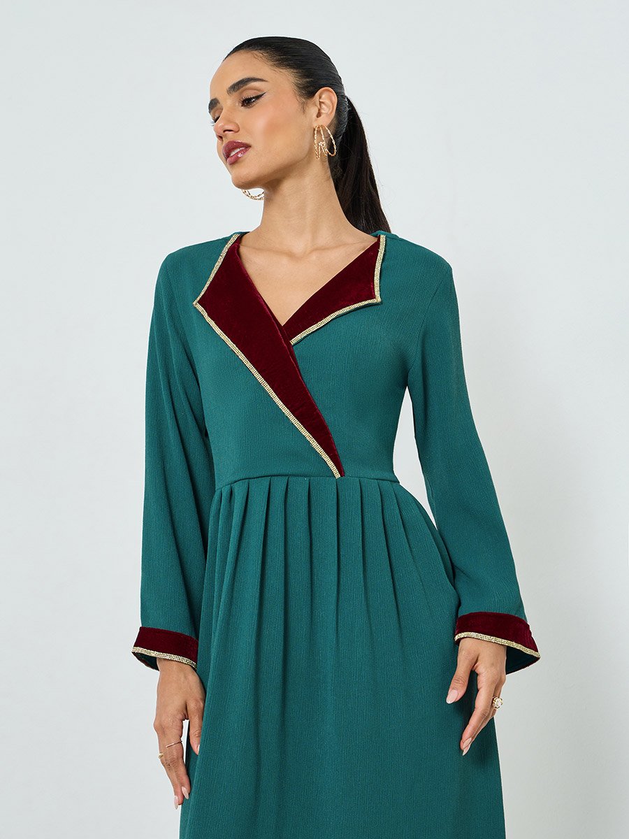 Green Pleated Long Sleeve A-Line Jalabiya
