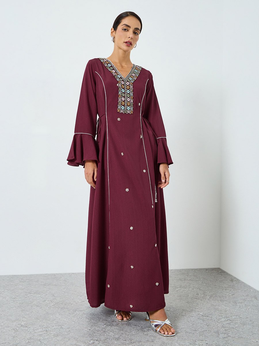 Dark Wine Embroidered A-Line Jalabiya