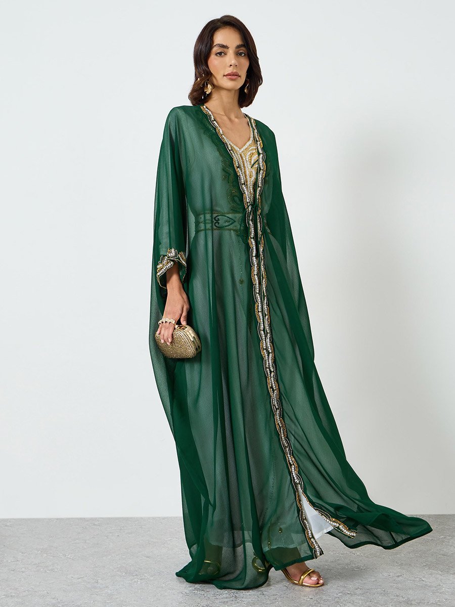 Green Beaded Hand Embroidery Kaftan with  Inner Maxi Dress
