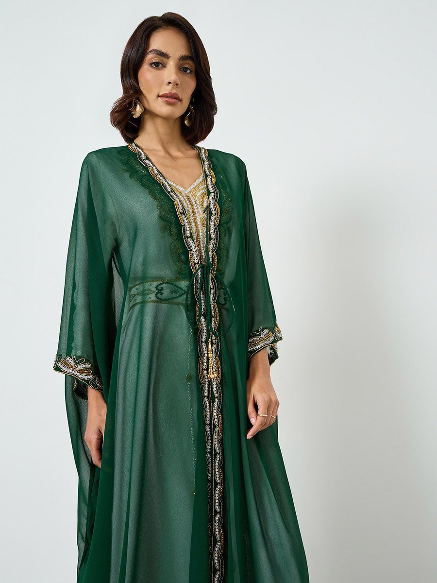 Green Beaded Hand Embroidery Kaftan with  Inner Maxi Dress
