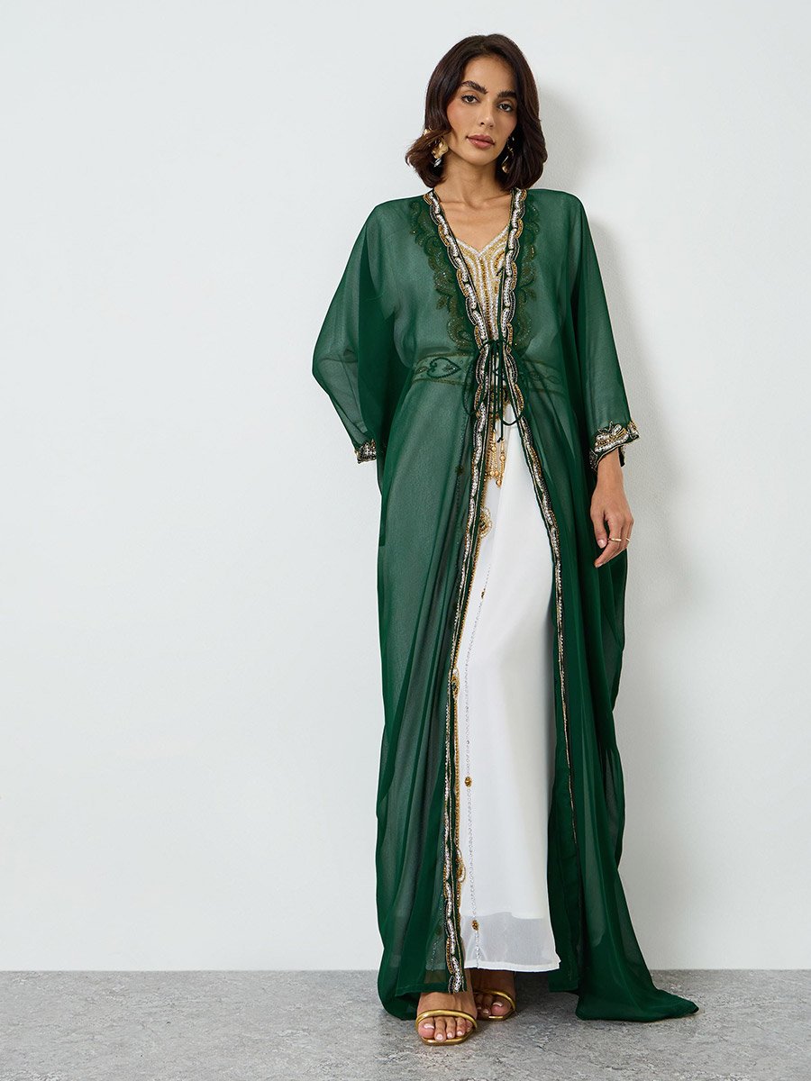 Green Beaded Hand Embroidery Kaftan with  Inner Maxi Dress