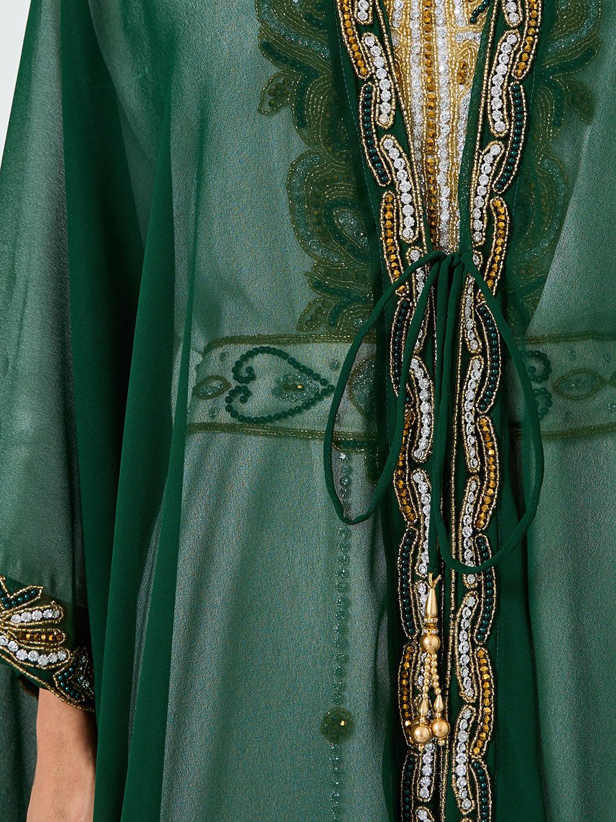 Green Beaded Hand Embroidery Kaftan with  Inner Maxi Dress