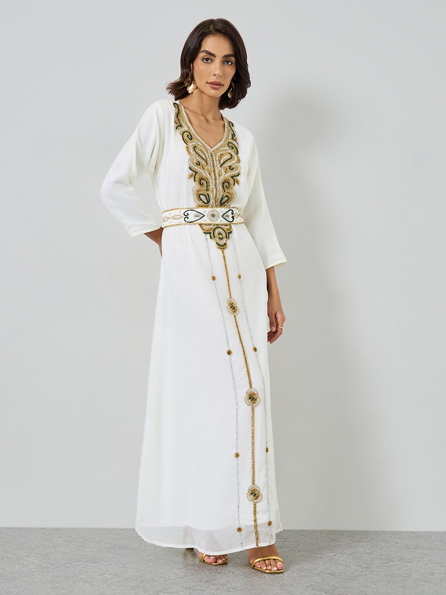 Green Beaded Hand Embroidery Kaftan with  Inner Maxi Dress