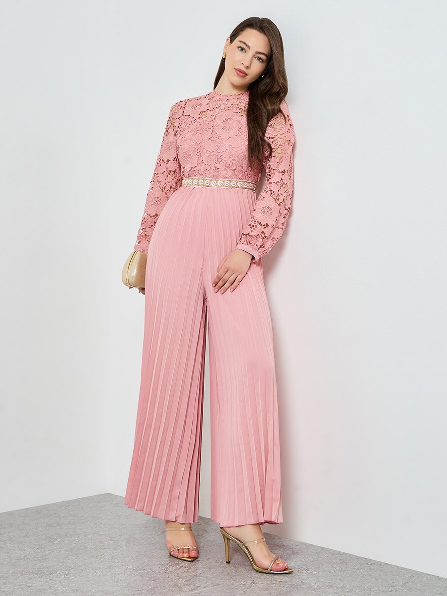 Pink Lace Pleated Wide Leg Jumpsuit