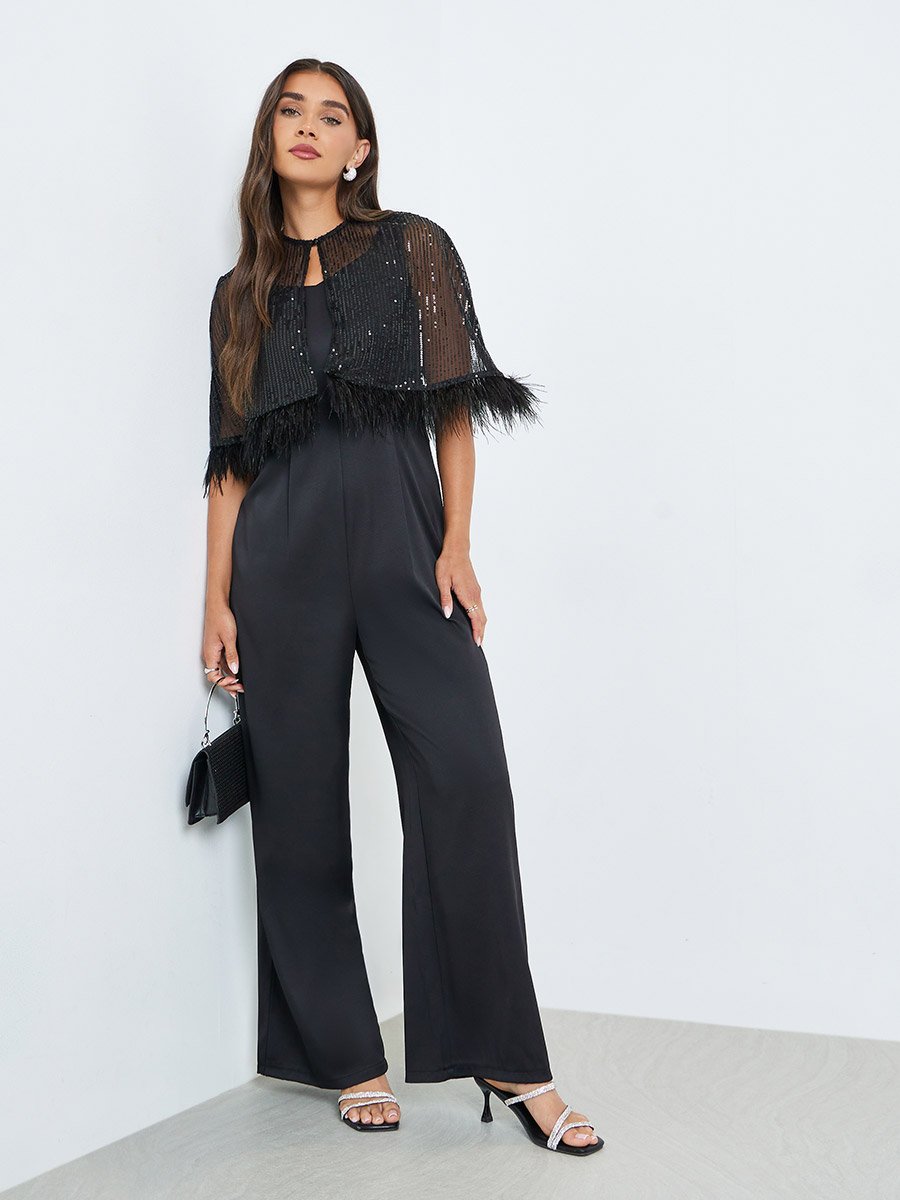 Black Wide Leg Jumpsuit with Sequined Cape