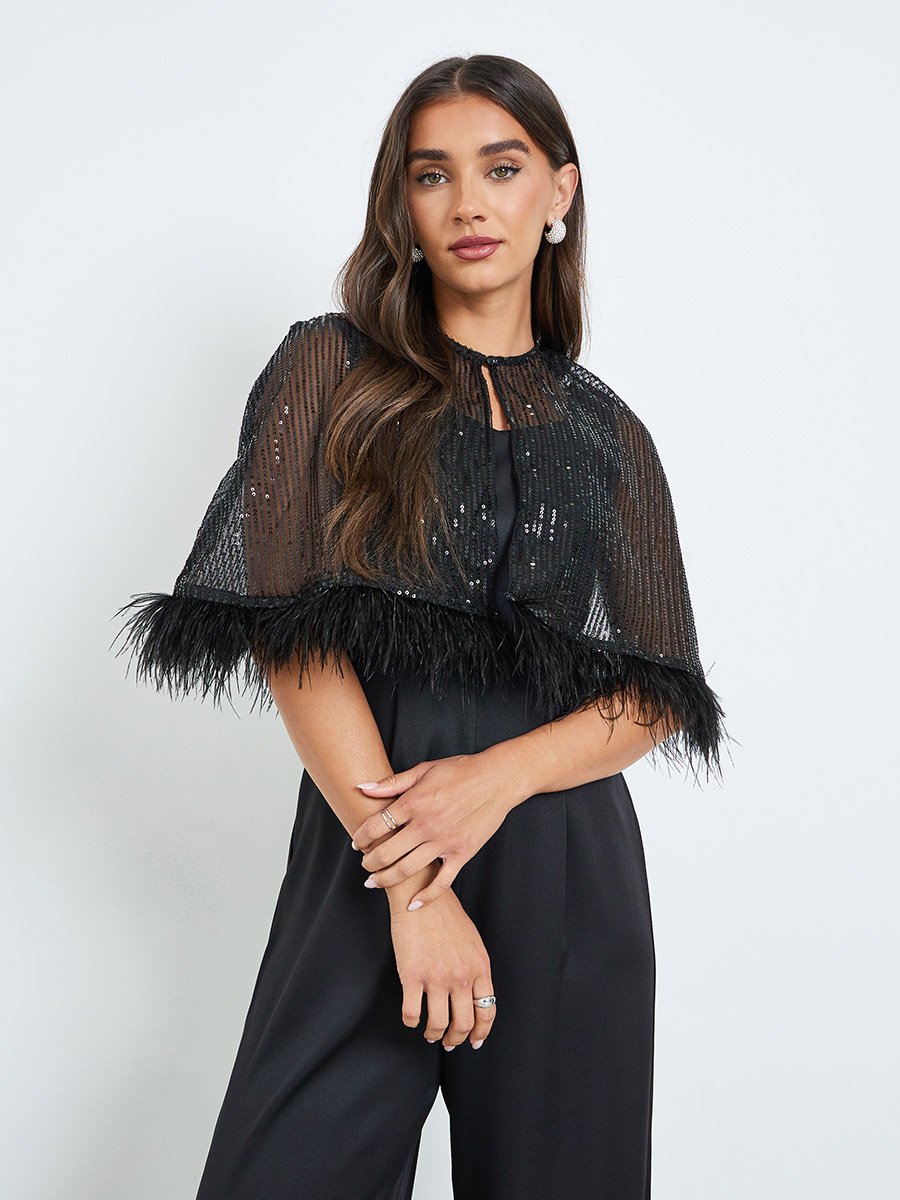 Black Wide Leg Jumpsuit with Sequined Cape