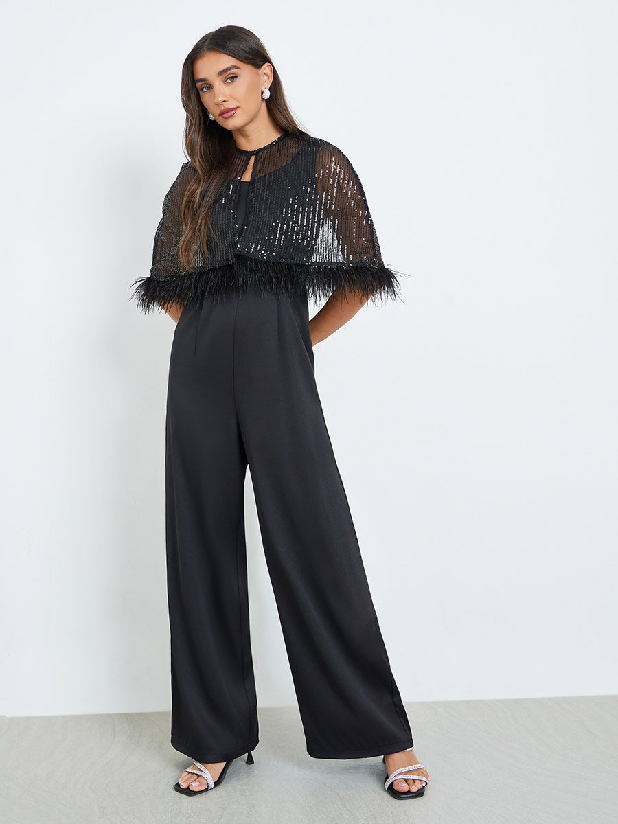 Black Wide Leg Jumpsuit with Sequined Cape