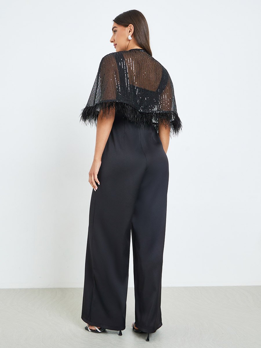 Black Wide Leg Jumpsuit with Sequined Cape