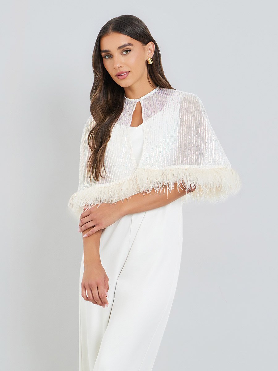 Off-White Wide Leg Jumpsuit with Sequined Cape
