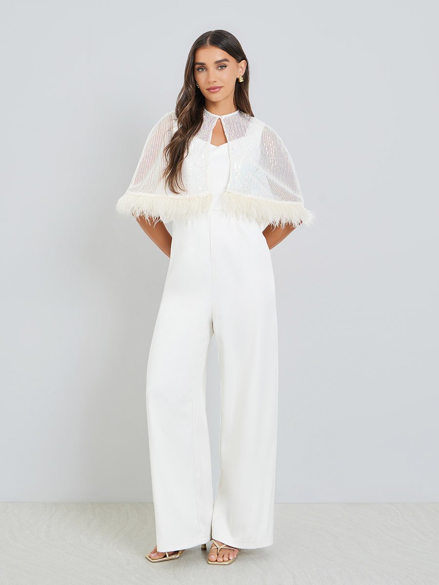 Off-White Wide Leg Jumpsuit with Sequined Cape