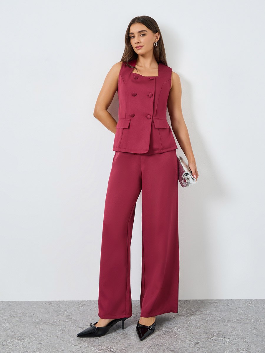 Women Burgundy Sleeveless Wide Leg Jumpsuit