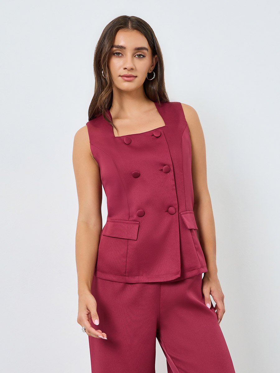 Women Burgundy Sleeveless Wide Leg Jumpsuit