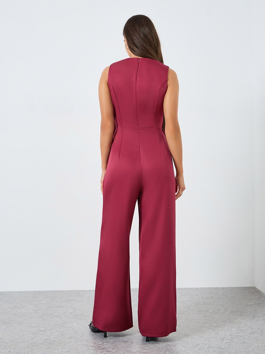 Women Burgundy Sleeveless Wide Leg Jumpsuit