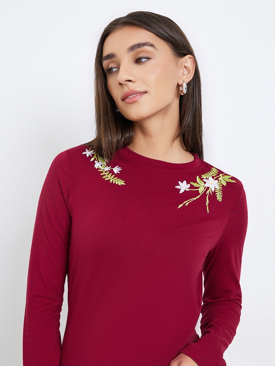 Burgundy Embroidered Floral Long Sleeve T-Shirt