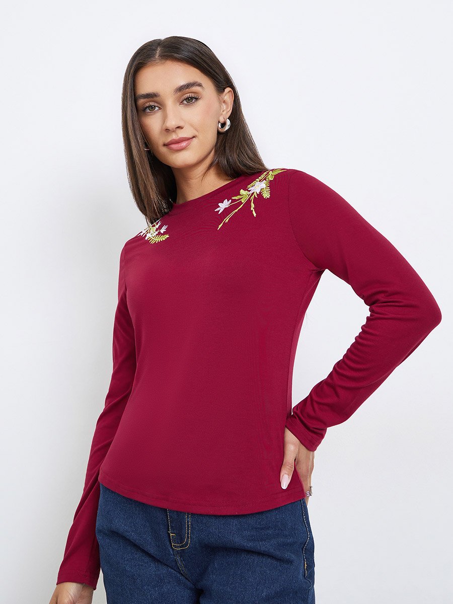 Burgundy Embroidered Floral Long Sleeve T-Shirt