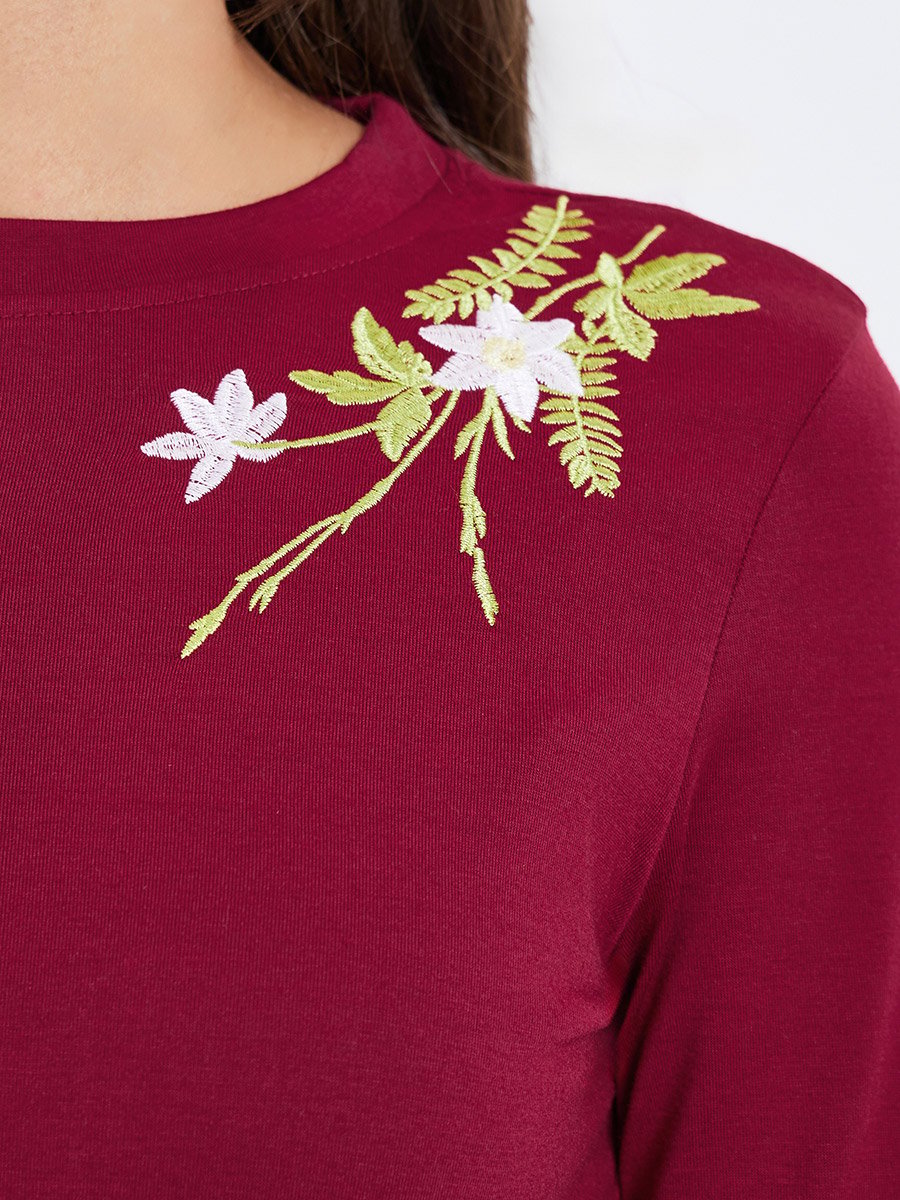 Burgundy Embroidered Floral Long Sleeve T-Shirt