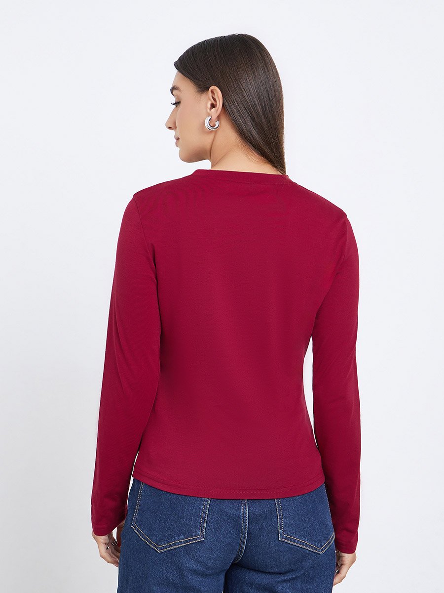 Burgundy Embroidered Floral Long Sleeve T-Shirt