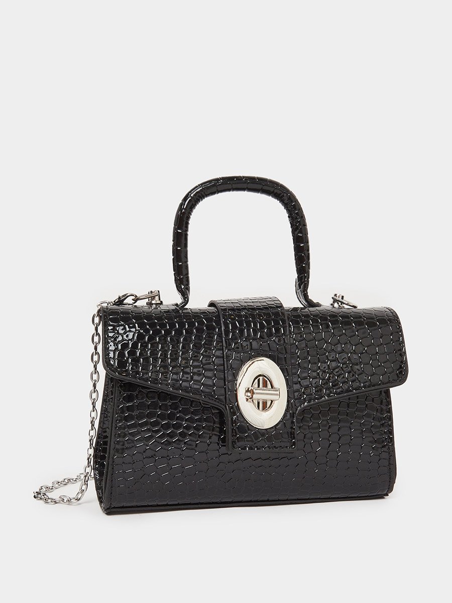 Black Croc-Effect Satchel Bag with Chain