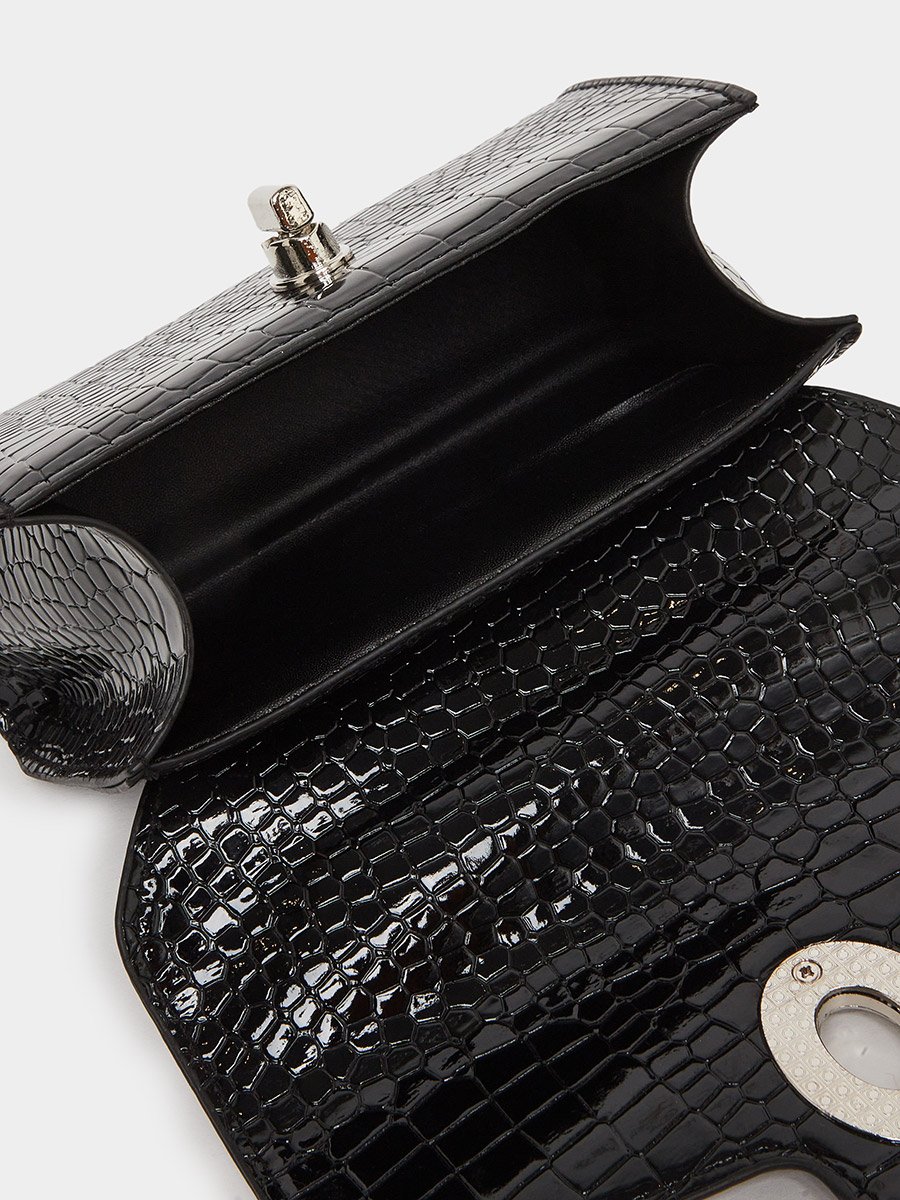 Black Croc-Effect Satchel Bag with Chain