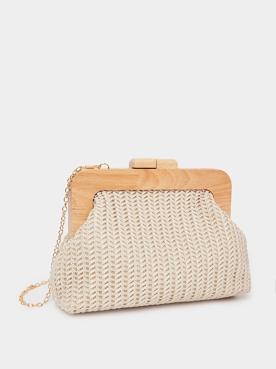 Beige Woven Clutch with Wooden Frame