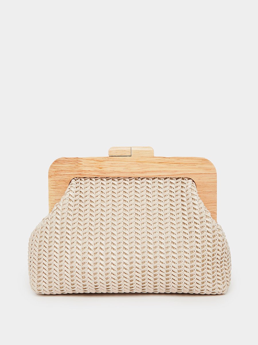 Beige Woven Clutch with Wooden Frame