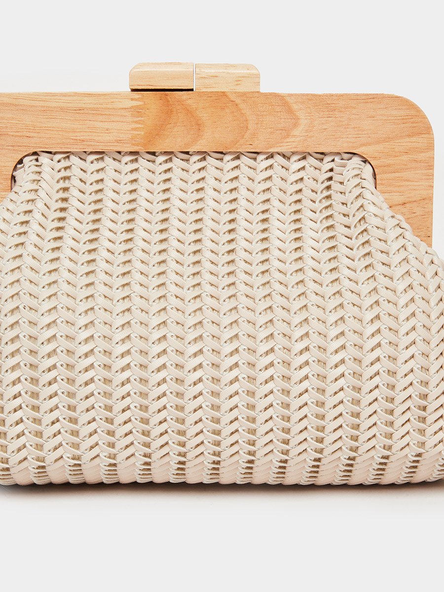 Beige Woven Clutch with Wooden Frame