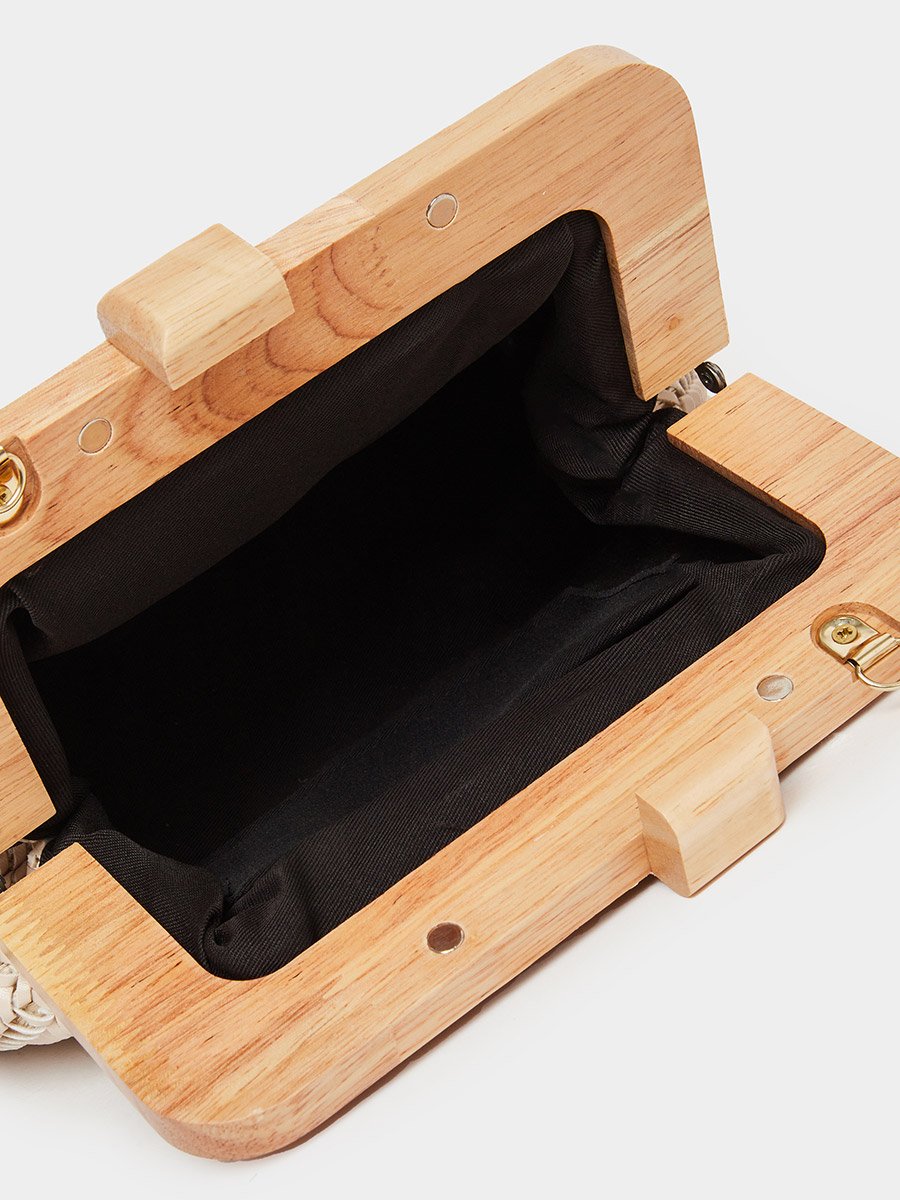 Beige Woven Clutch with Wooden Frame
