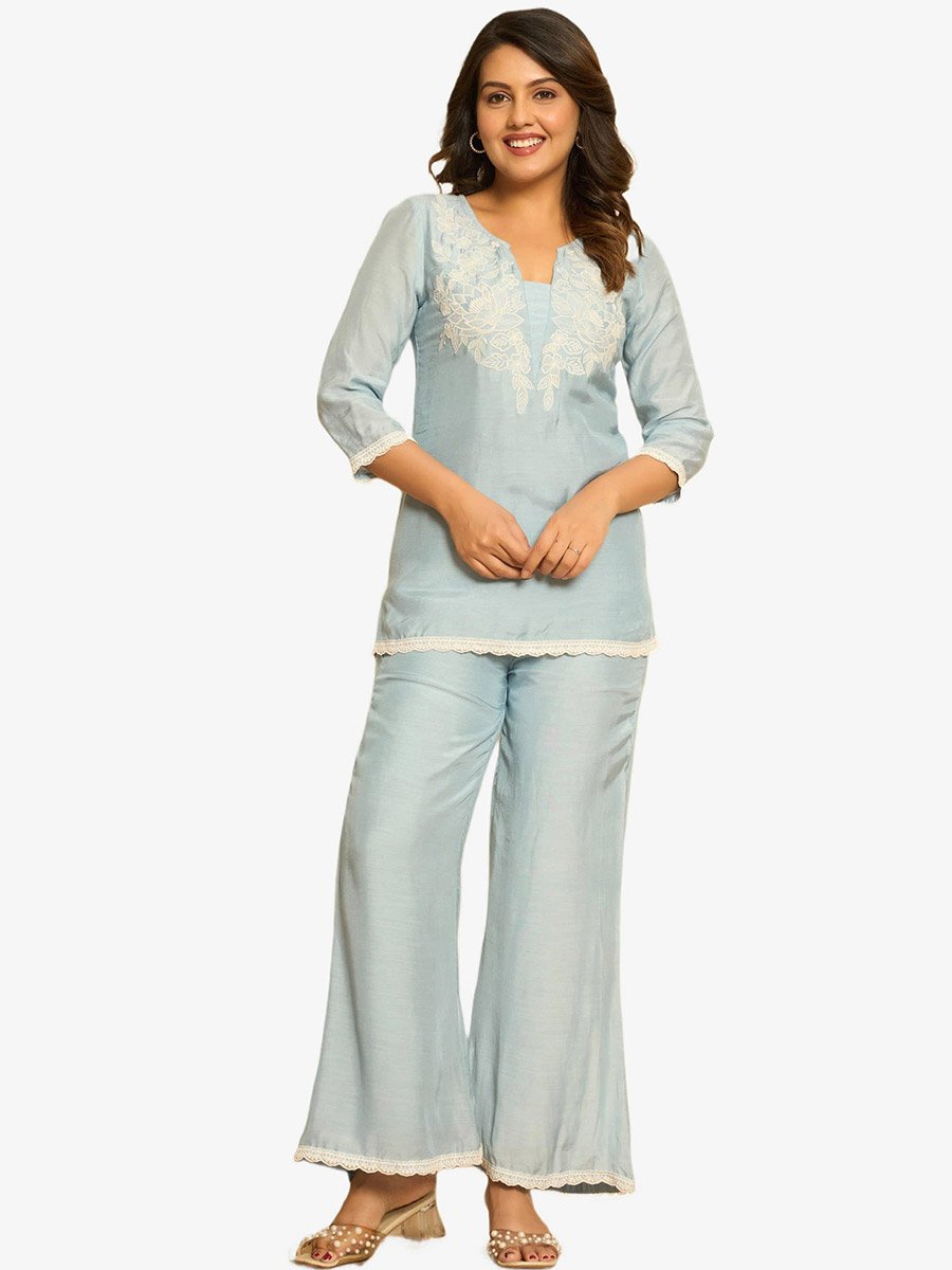 Women Blue Lace Insert Viscose Tunic and Pants Co-Ords
