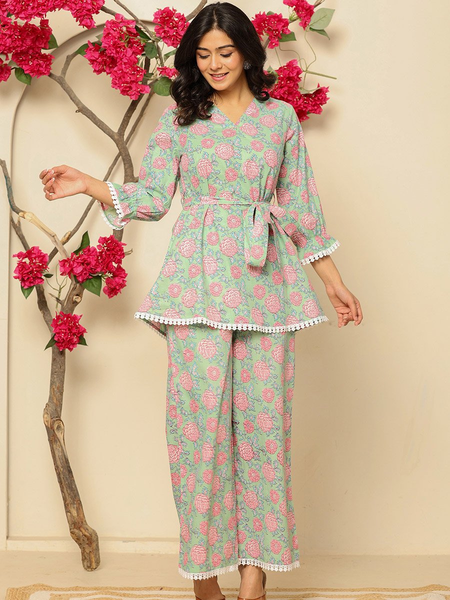 Women Green Cotton Printed Tunic and Pants Co-Ords