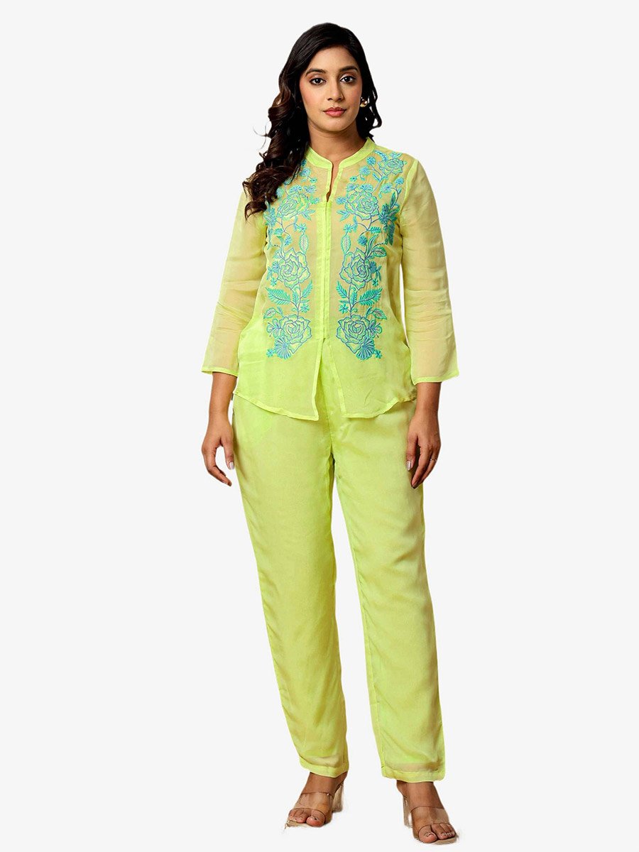 Women Green Embroidered Organza Tunic and Pants Co-Ords