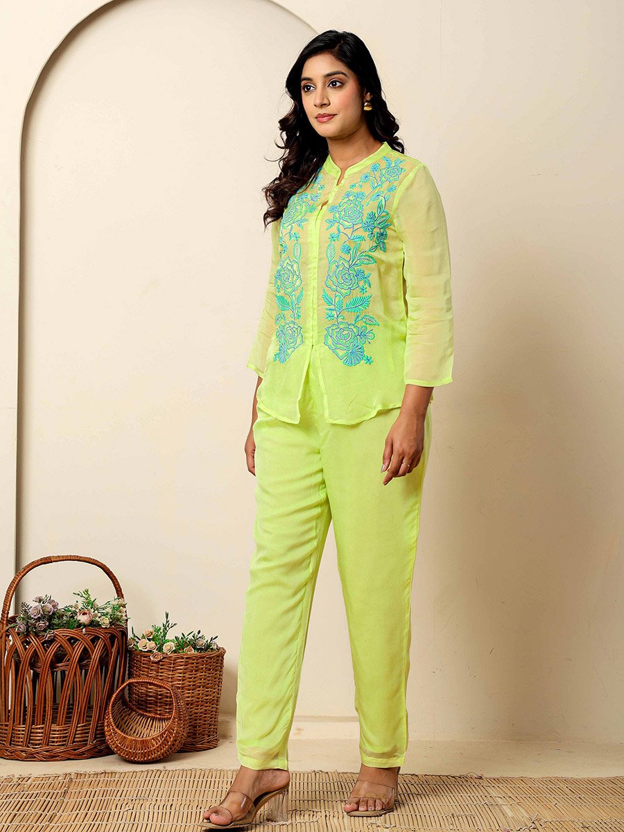 Women Green Embroidered Organza Tunic and Pants Co-Ords