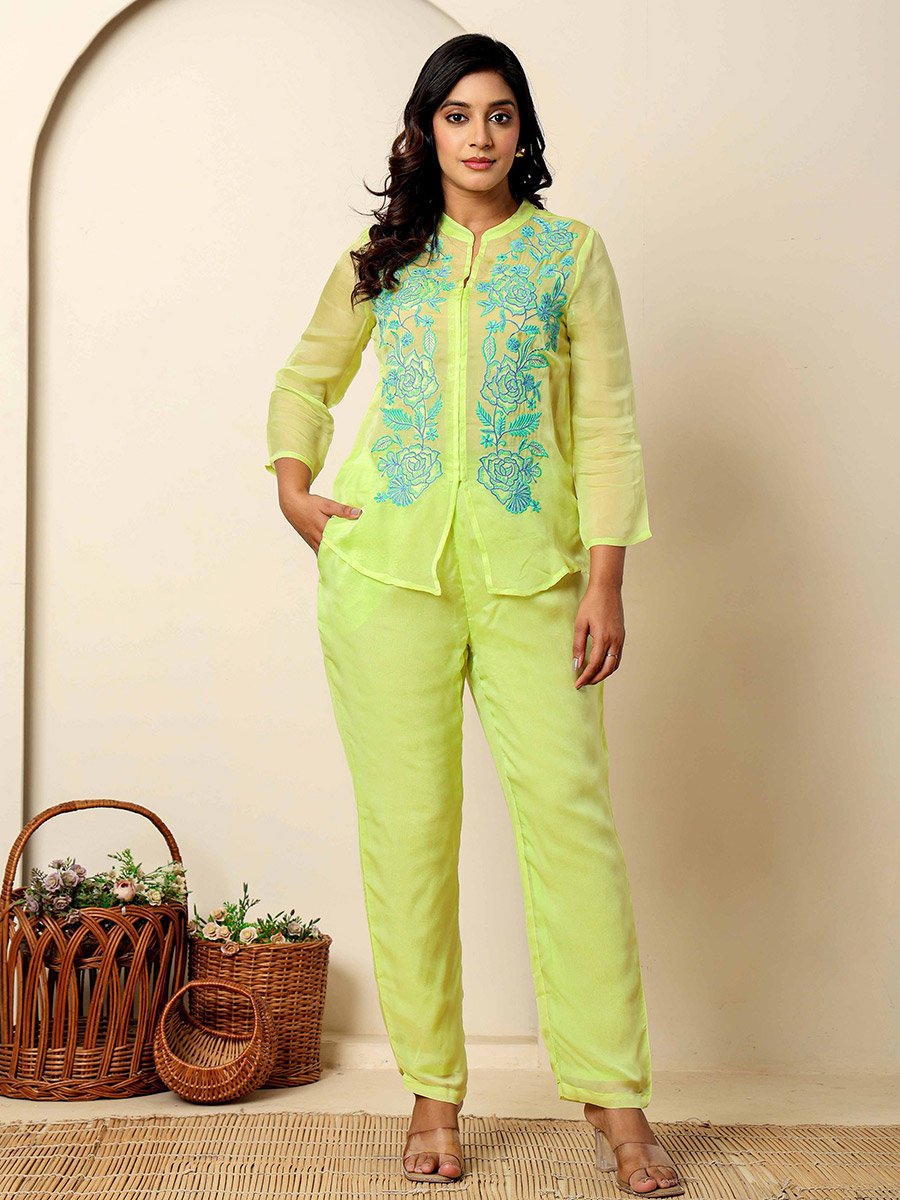 Women Green Embroidered Organza Tunic and Pants Co-Ords